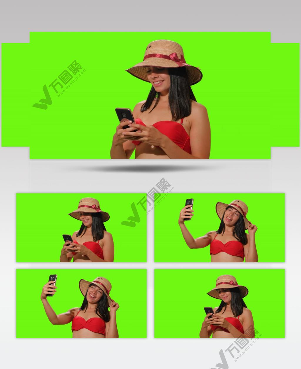 绿幕背景前美女自拍