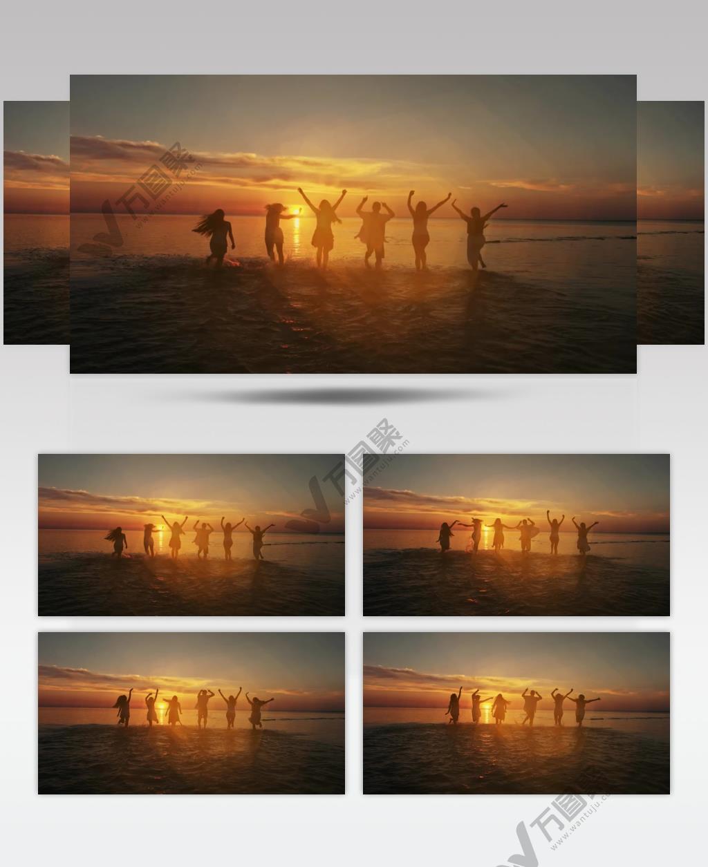 日落夕阳下一群美女在海边跳舞