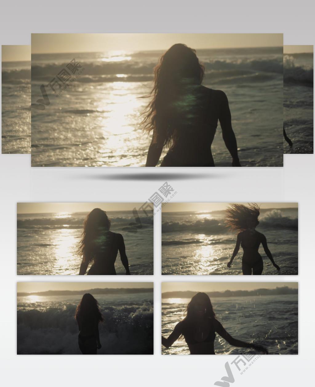 比基尼美女走在大海海岸剪影