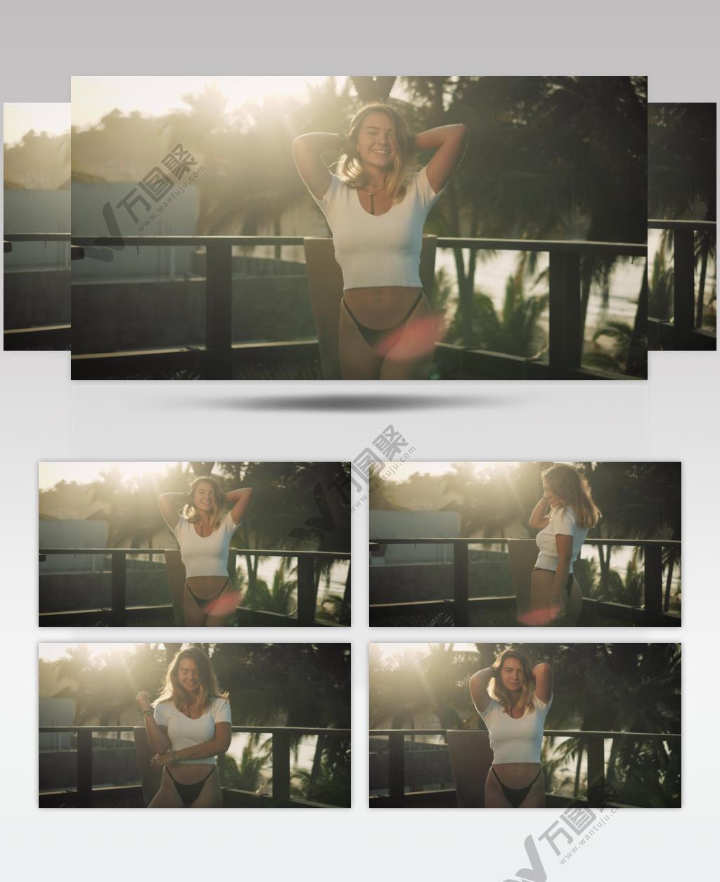 美女站在大海海边上的阳台