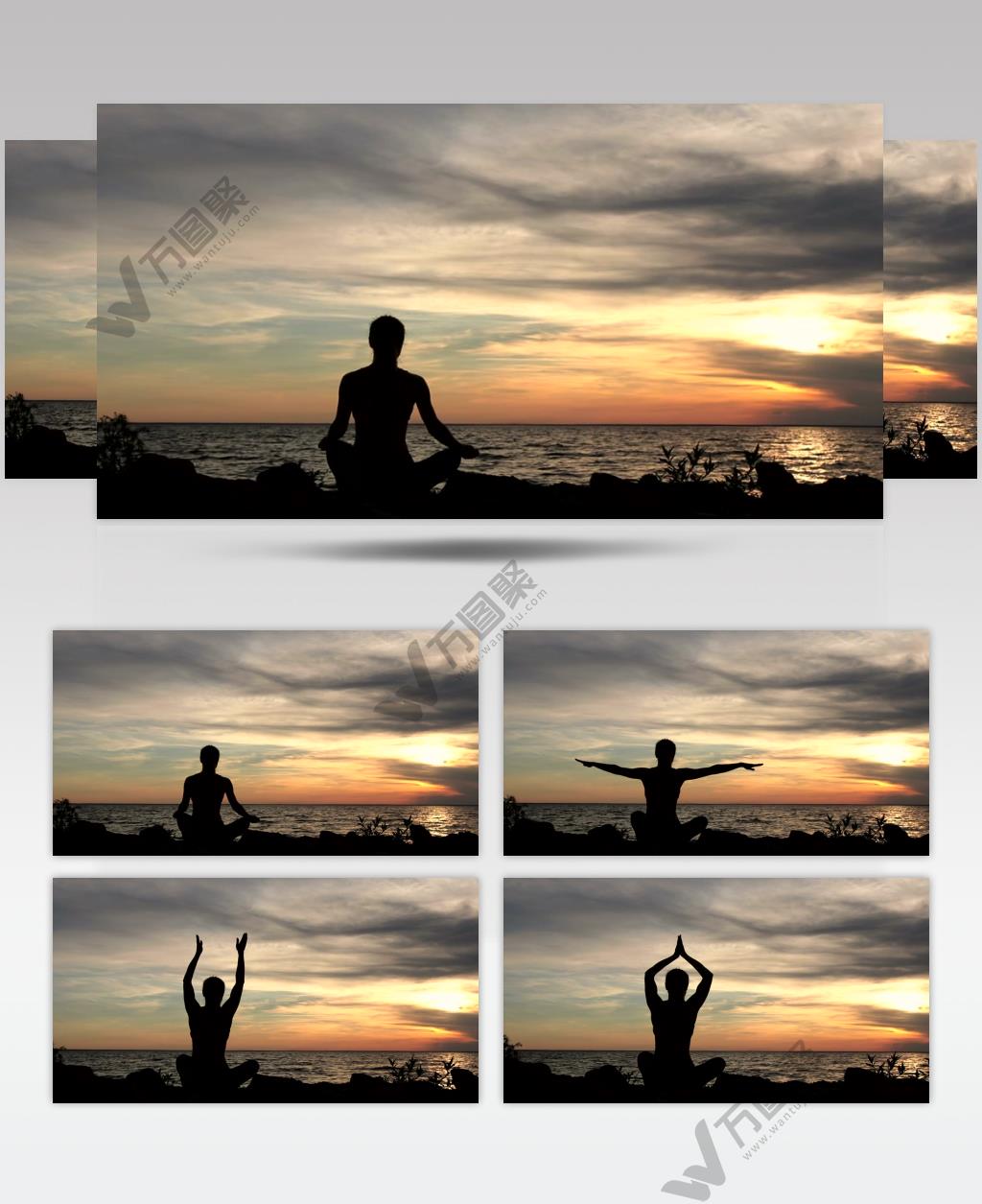 日落黄昏下男子坐在大海海边做瑜伽