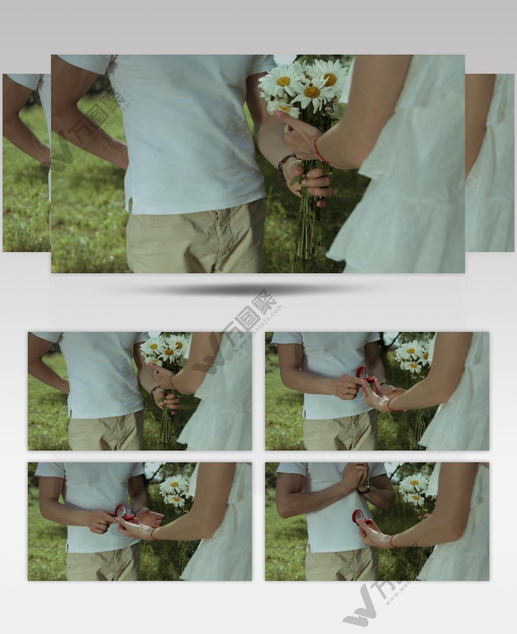 男子带着婚戒和一束鲜花在草地上向女友求婚