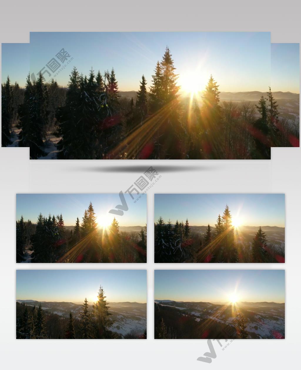 覆盖冬季森林的日落阳光美景实拍视频