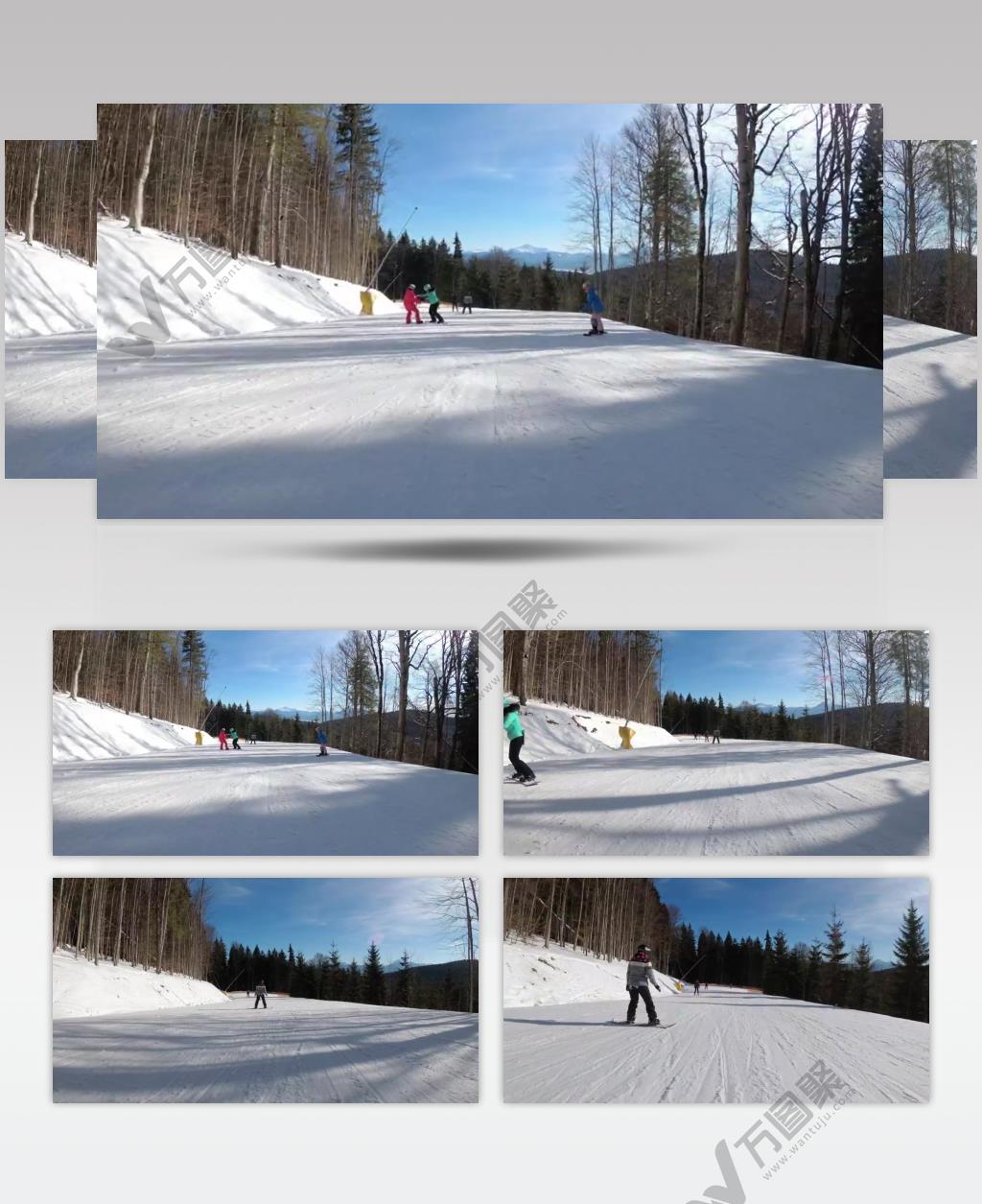 沿着山上的滑雪道滑雪运动实拍视频