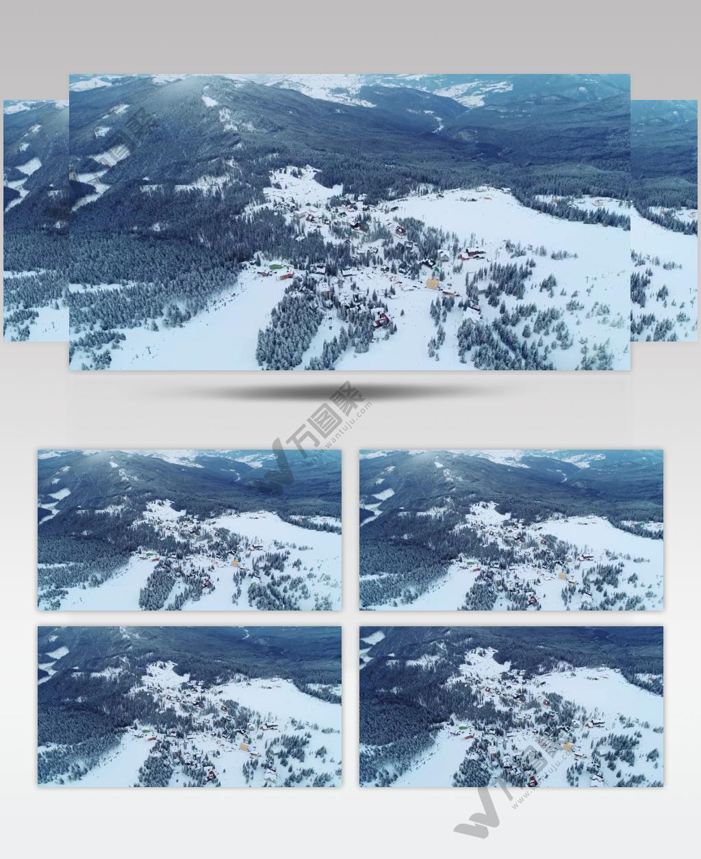 航拍冬季雪山森林中的小镇美景实拍视频