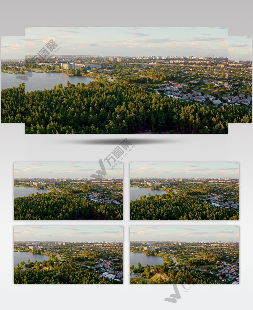 航拍日落夕阳下的森林湖边城市实拍视频