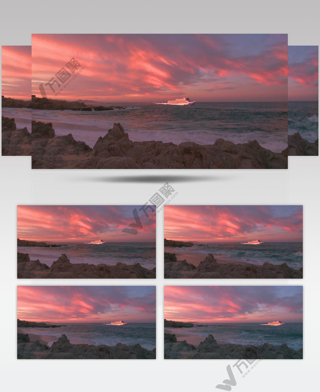 4K清晨之碧海与红霞映邮轮唯美色彩