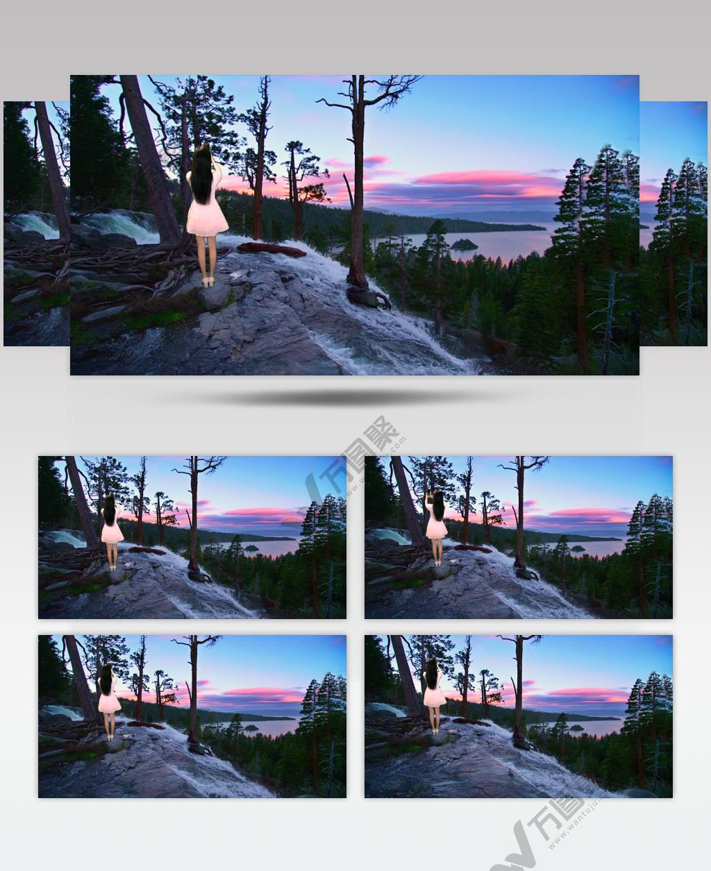 4K瀑布中间层的红霞美景与女孩