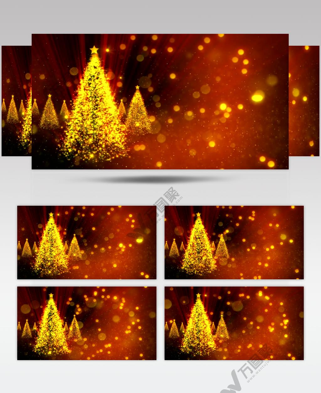 红色背景中旋转的金色闪光圣诞树