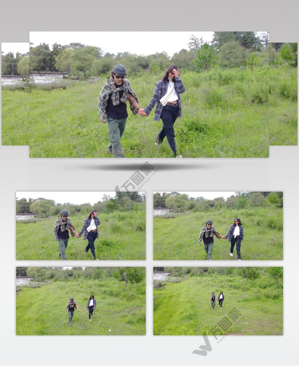 男孩和女孩手牵手穿过草木环绕的湖边