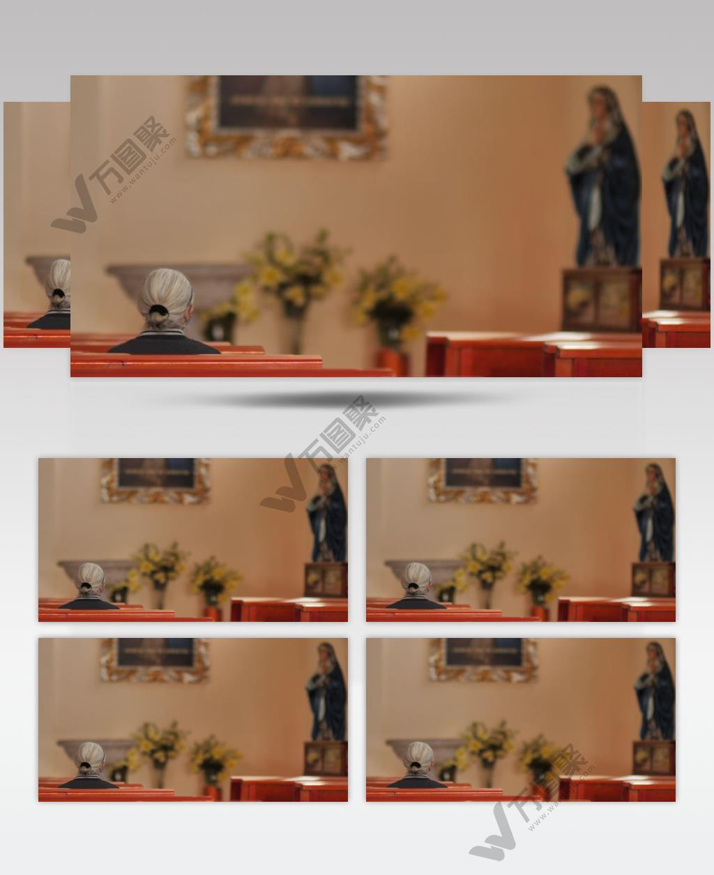 坐在教堂长椅上的老妇人