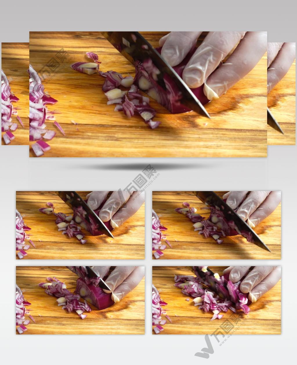  高清摄影厨房里的厨师用手切洋葱