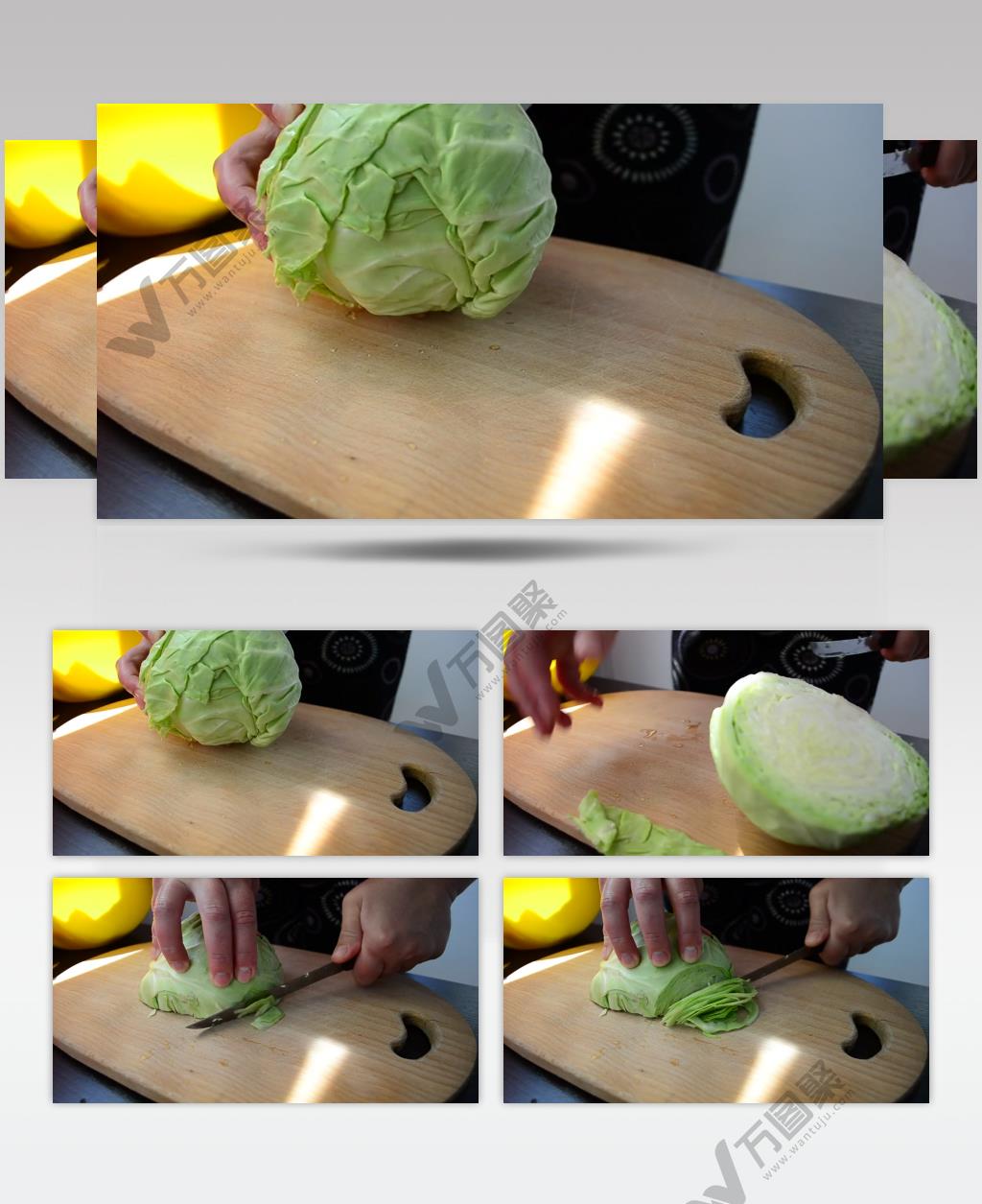 高清摄影厨师用菜板切圆白菜