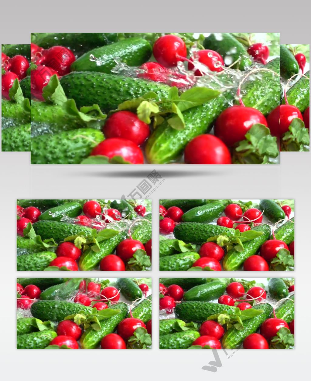 高清慢摄用清水洒向西红柿黄瓜蔬菜特写视频