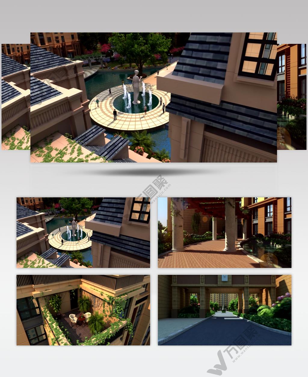 绿廊 花草 雕塑 树木 墙面 幕墙 楼盘 房地产 3D动画 停车场 商业街 夜景