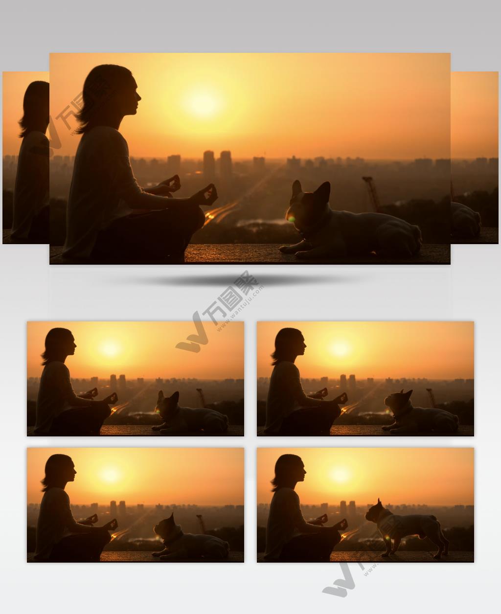日落夕阳下和她的狗一起打坐的女子