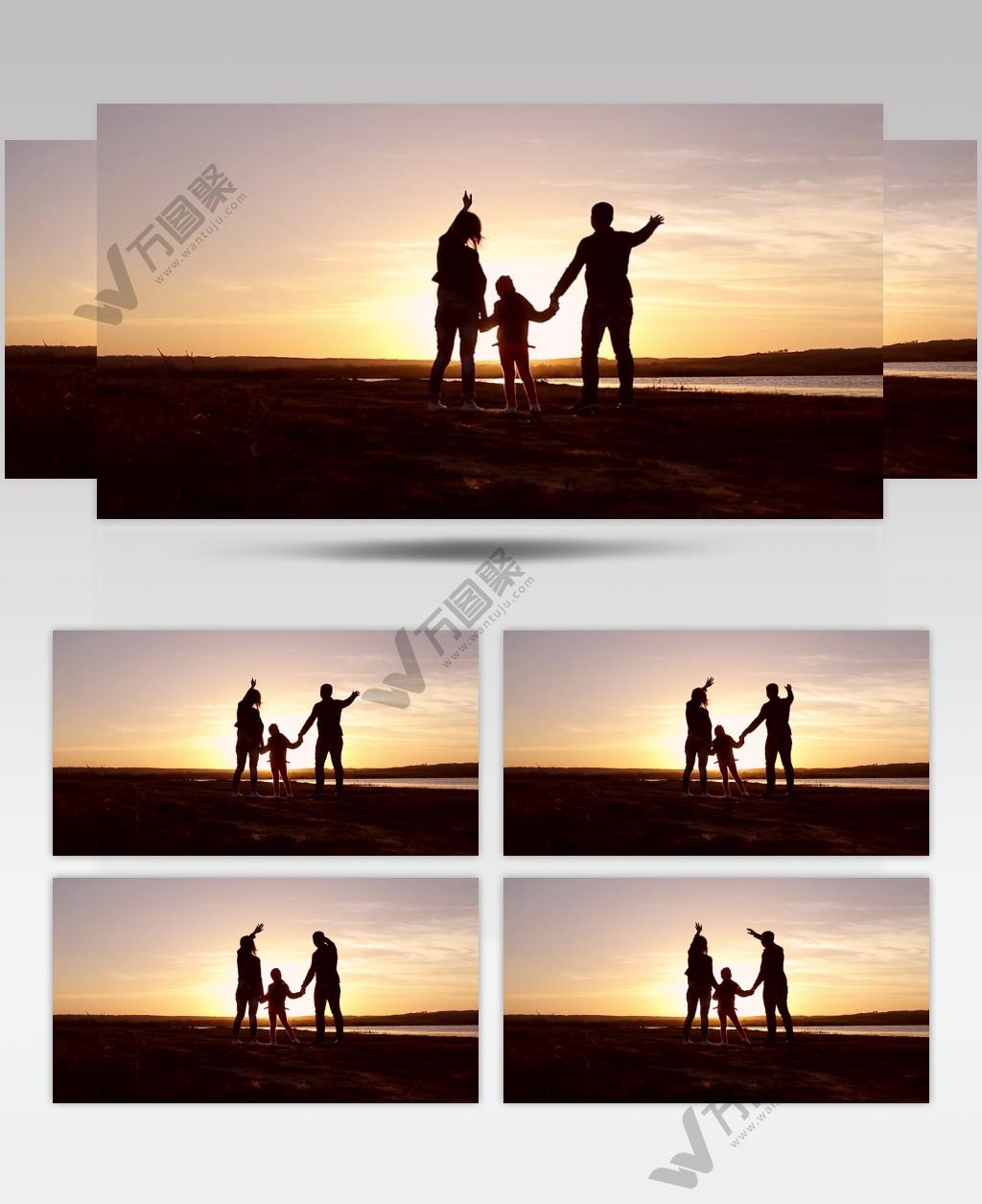 幸福家庭挥手夕阳剪影视频素材