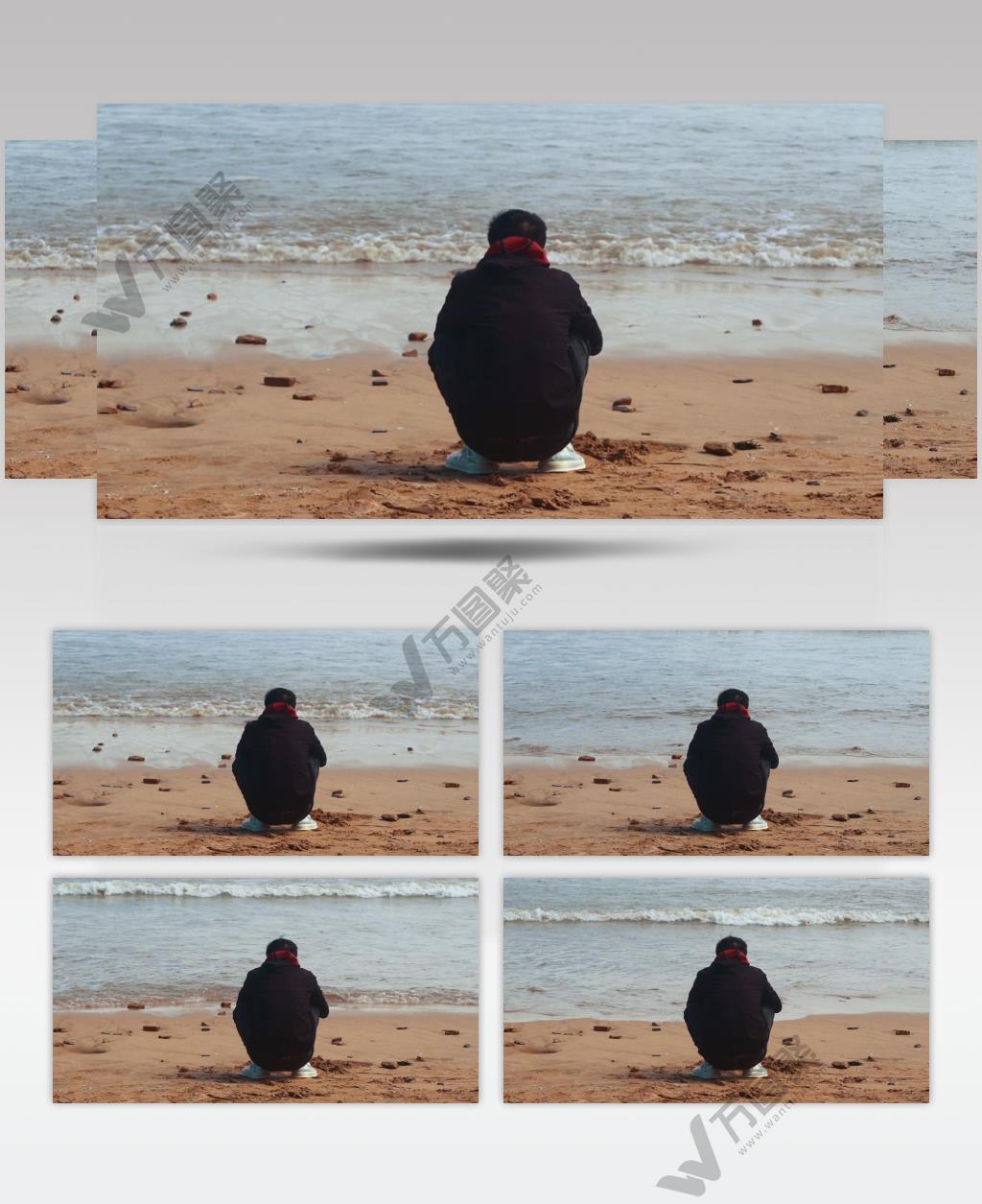 一个人在海边沙滩看海4K
