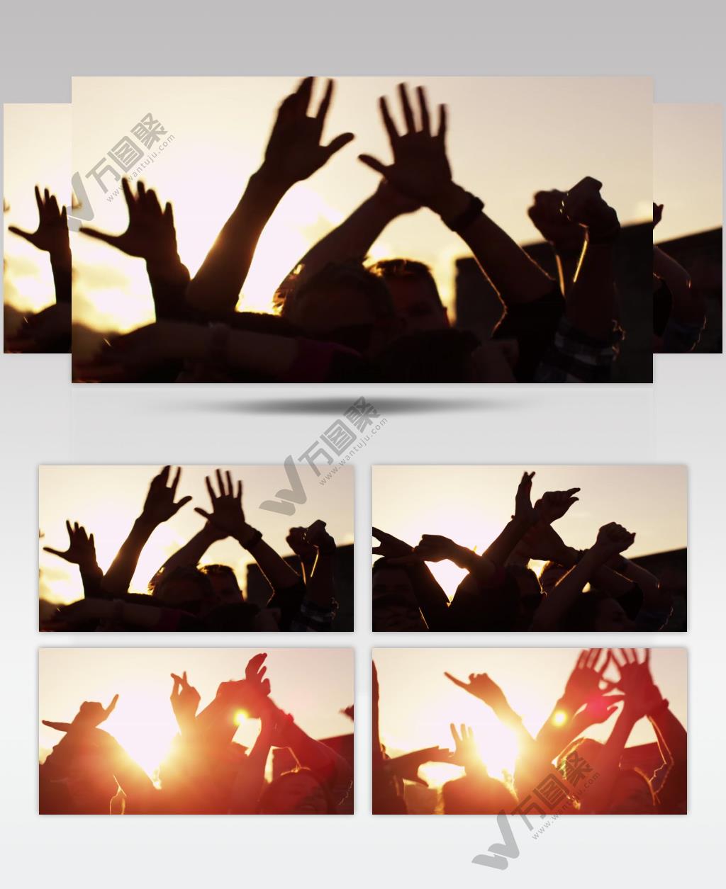 阳光下人群挥手欢呼夕阳剪影人物生活视频素材