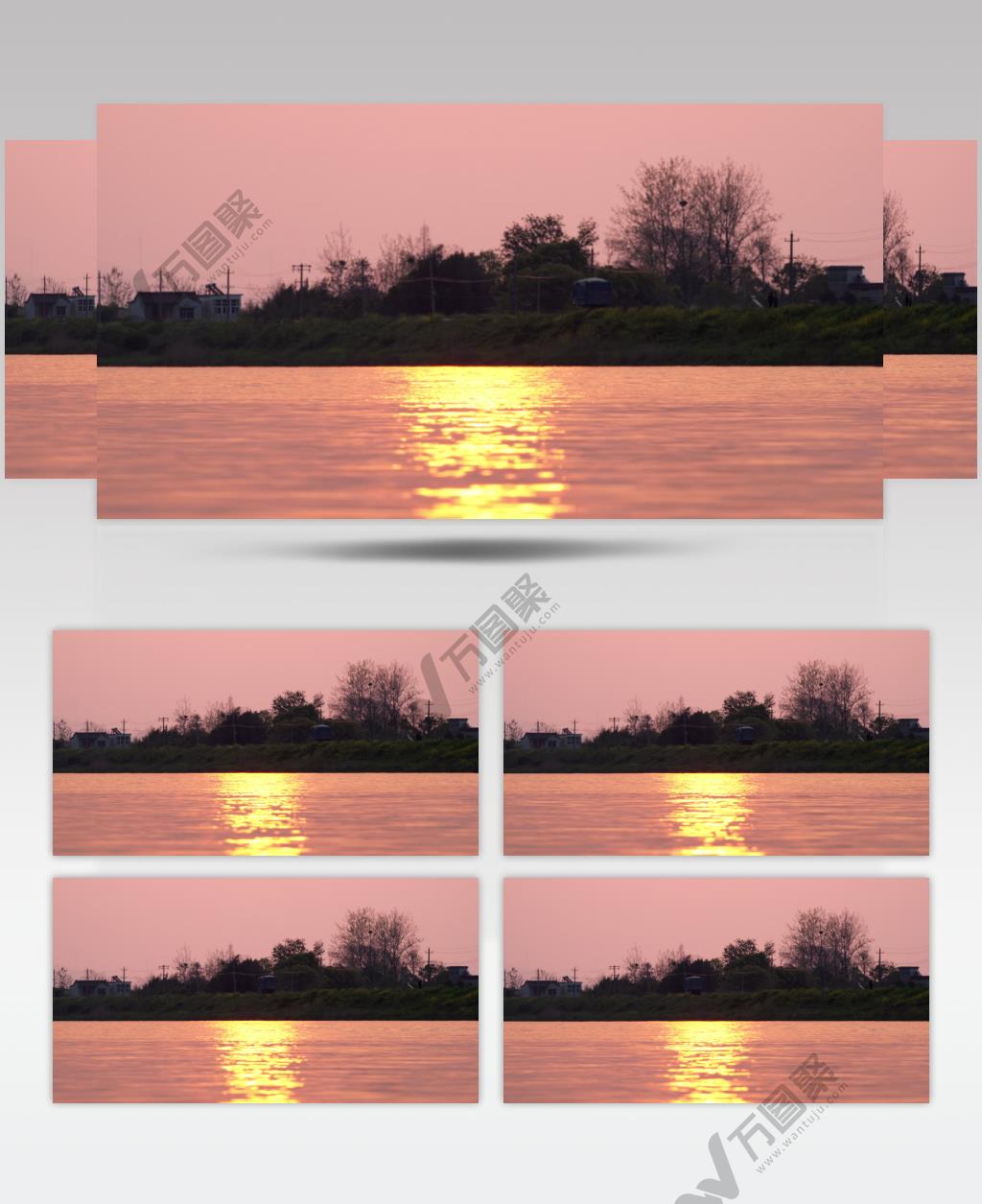 傍晚黄昏金色水面农村小路货车