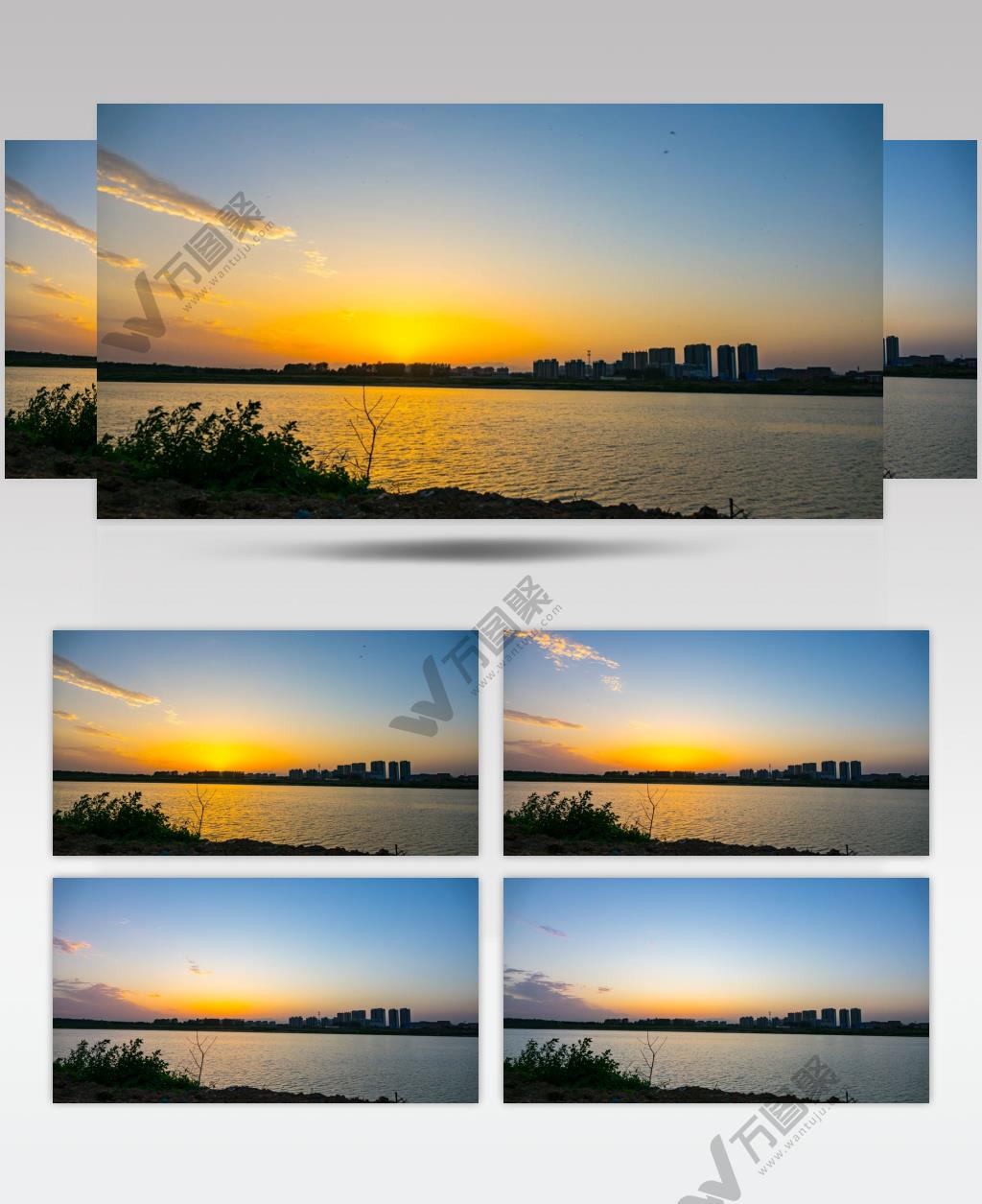 延时摄影湖边日落日转夜河堤