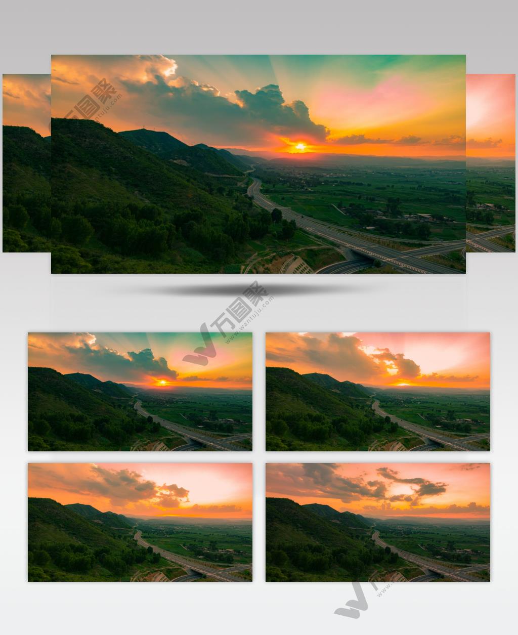 山上延时摄影落日晚霞高速路日转夜4k