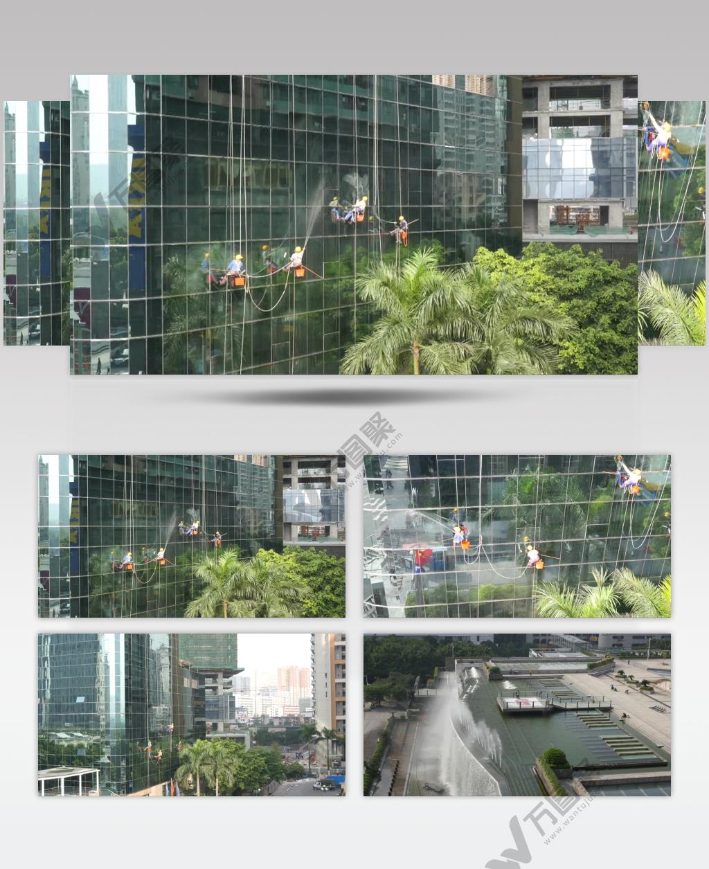 航拍高楼擦玻璃高空作业现代城市视频素材