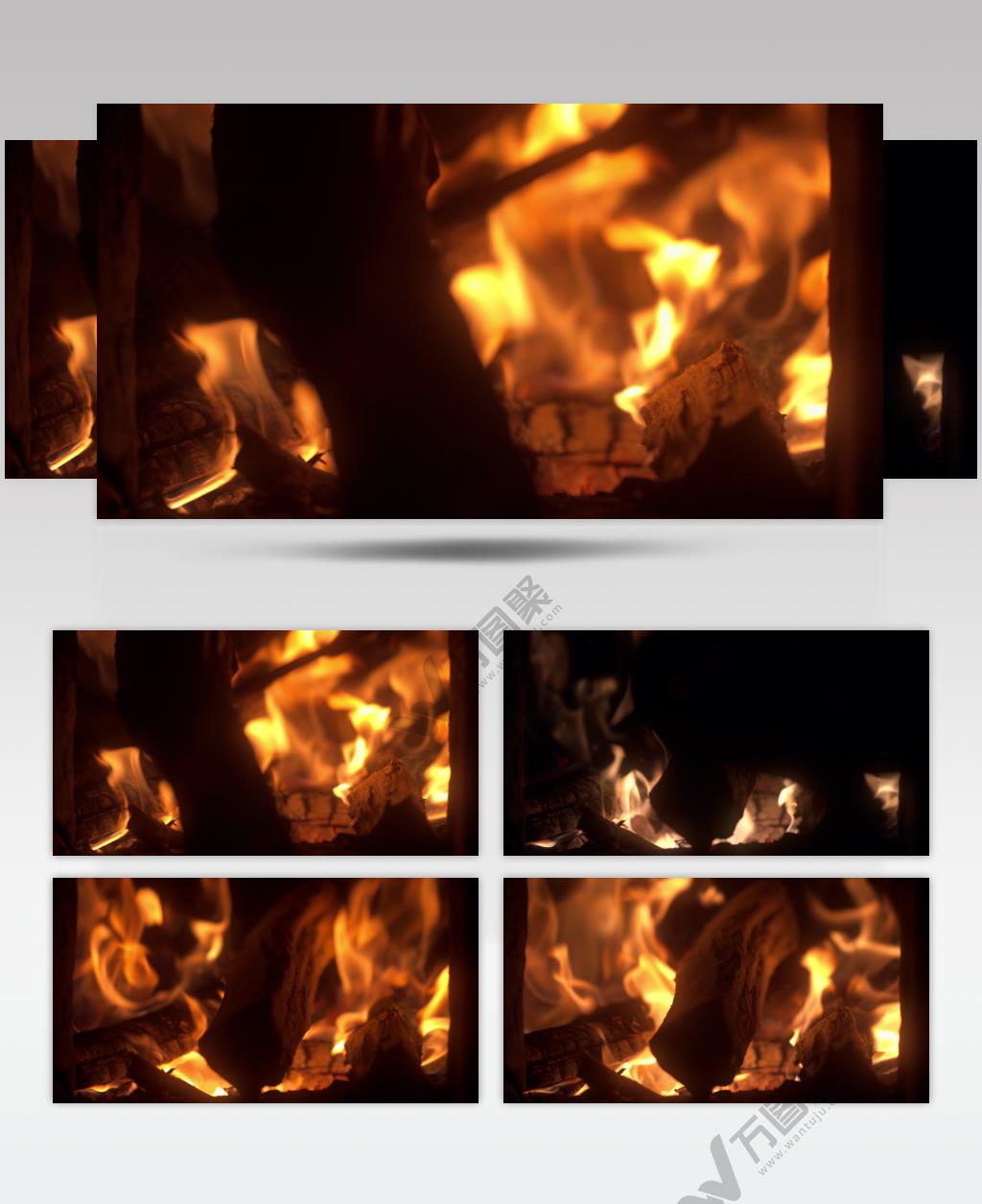 柴火堆篝火木炭燃烧火焰添柴