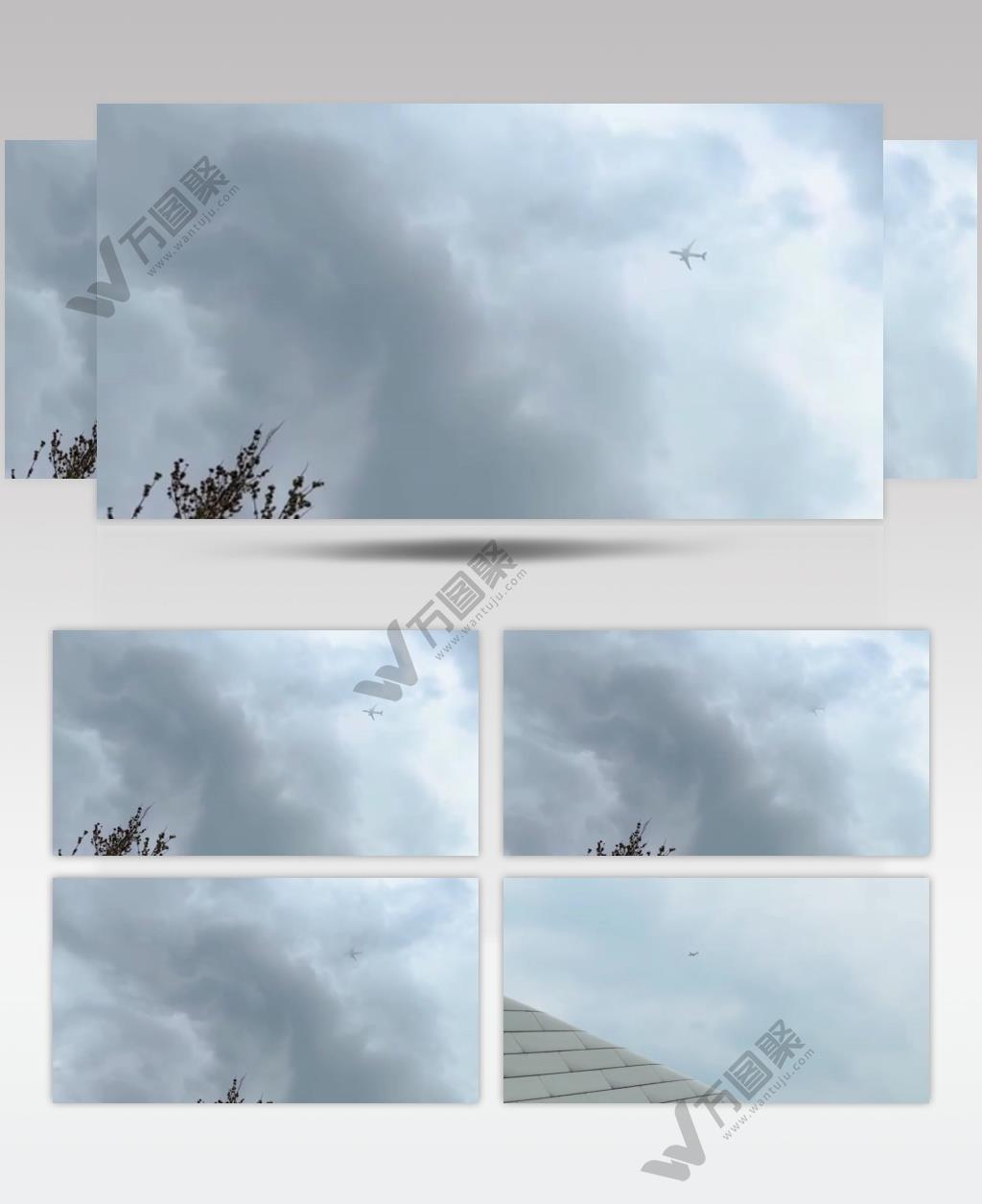 俯拍天上飞机穿越浓云大雾