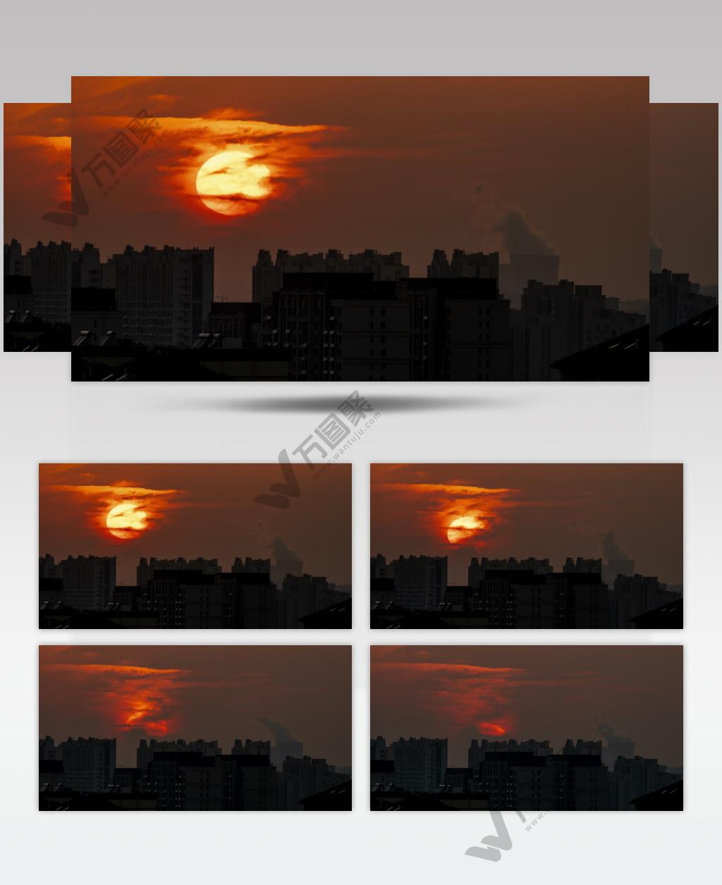 城市日落夕阳化工厂烟囱剪影