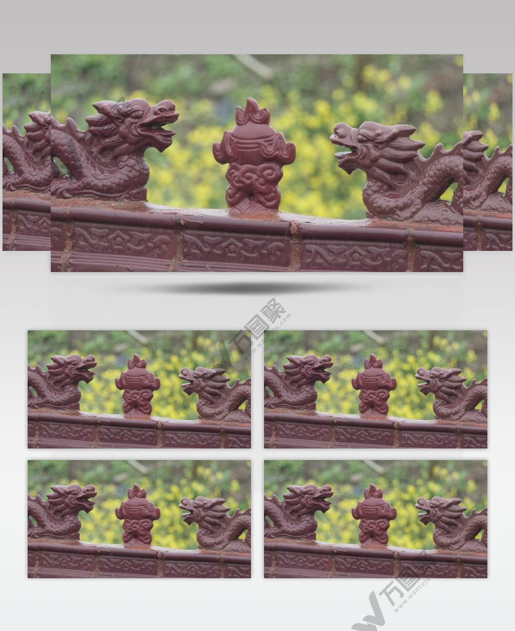 下雨倾盆大雨屋顶瓦片双龙戏珠