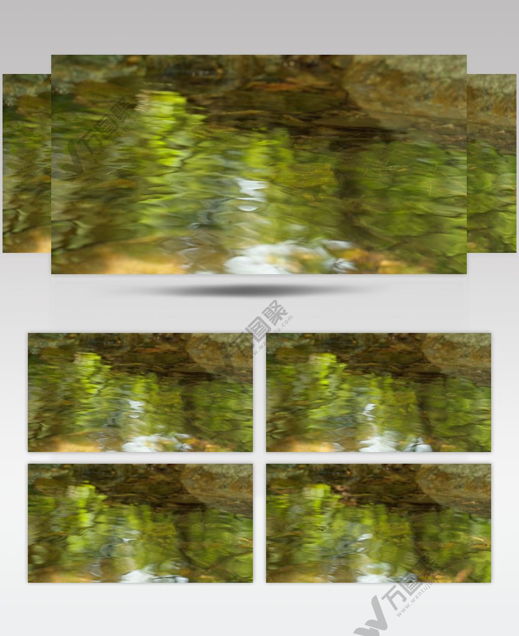 春天山上森林泉水小溪倒影