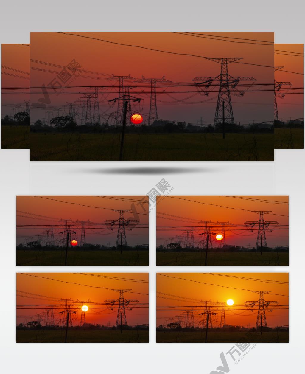 农村高压电塔国家电网日出太阳