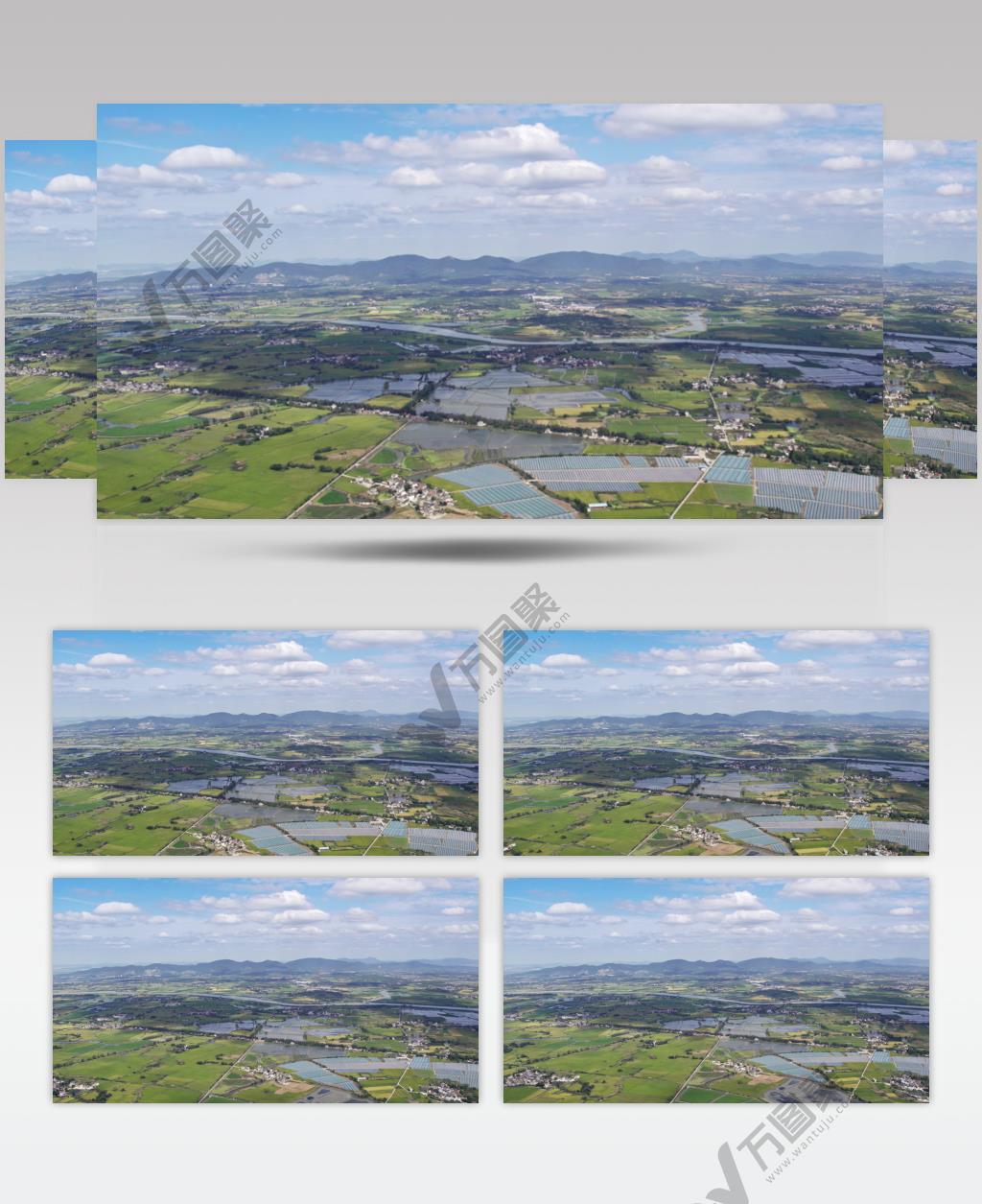 祖国山河蓝天白云乡村稻田航拍