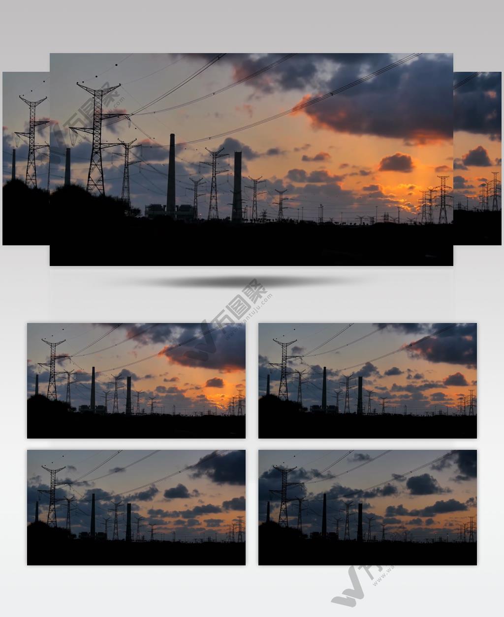 黄昏夕阳电力铁塔电网电力设备延时拍摄