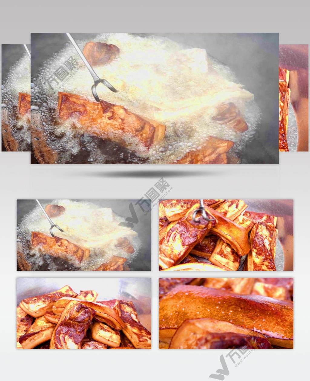 实拍特写红烧油炸猪肉美食制作背景视频