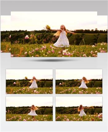 实拍小女孩抱着一束鲜花在花园草地上开心转圈