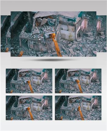 航拍用挖掘机在拆房子建筑