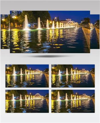 延时摄影夜间城市音乐广场喷泉表演