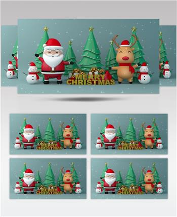 3D渲染原创圣诞节素材，放心下载!圣诞老人，驯鹿和雪人，圣诞快乐!