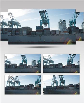 在卸货码头，满载五颜六色集装箱的货船