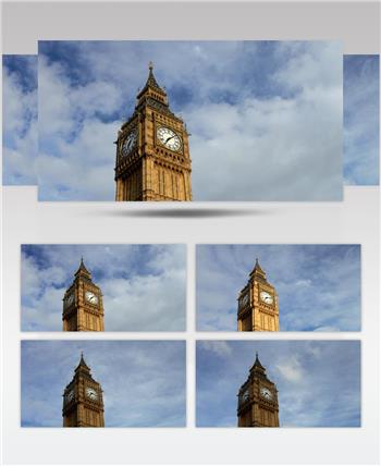 延时摄影蓝天白云下英国伦敦大本钟