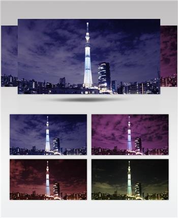 日本东京天之树塔在夜晚点亮