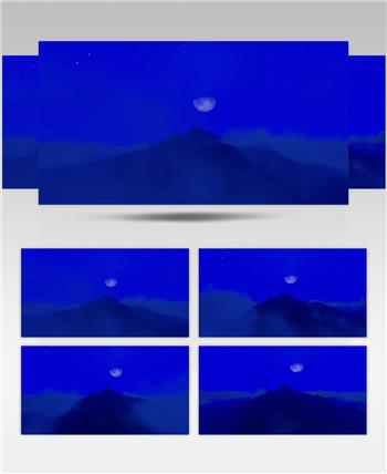 延时摄影夜晚蓝色天空明亮月亮下云雾漂浮的山脉