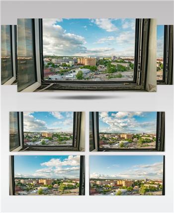延时摄影从一间公寓的窗户俯瞰城市全景