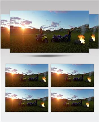 影视CG动画摩托车手在外面看日落