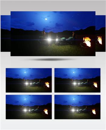 三维动画摩托车手在篝火旁休息