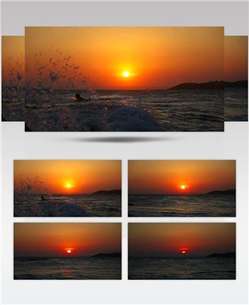 延时摄影傍晚夕阳下的大海海岸线