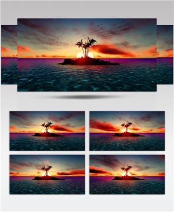 三维动画日落夕阳下大海上的海岛美景