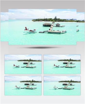航拍旅游海岛上的长廊游艇水上飞机